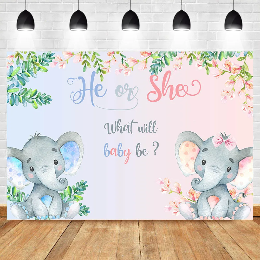 

NeoBack Gender Reveal Photo Backdrop Newborn Baby Shower Background for Party Decoration Boy or Girl Elephant Banner Vinyl Cloth