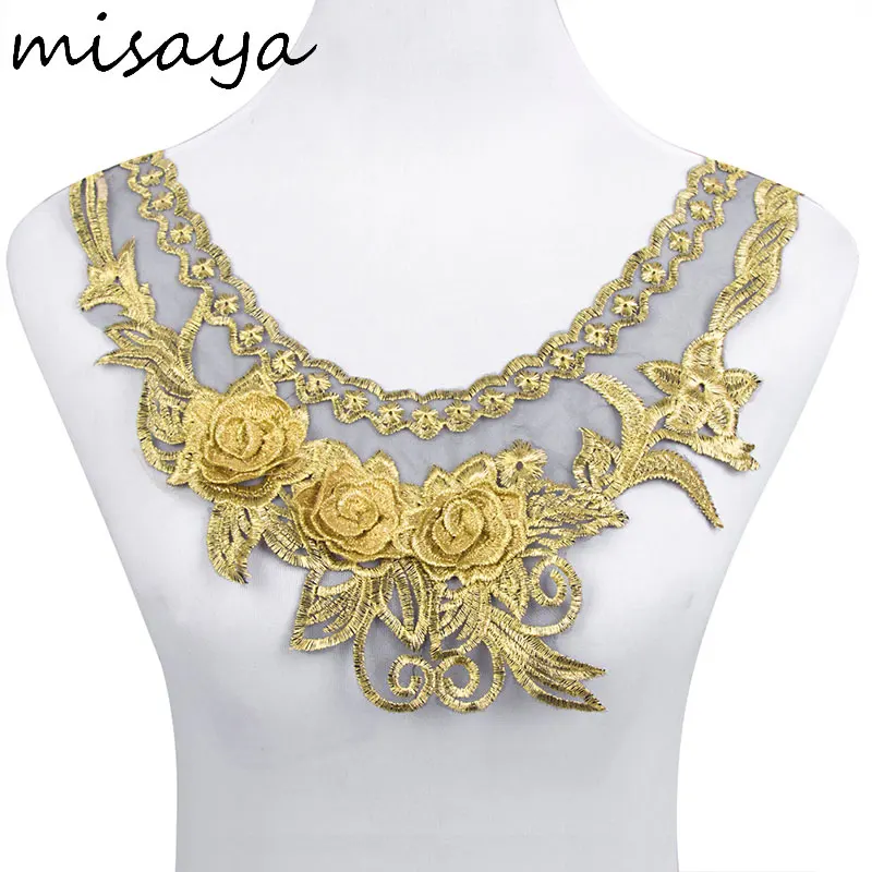 

Misaya 1pc 3D Flowers Gold Wire Lace Neckline Fabric,DIY Manual Collar Wedding Decoration Lace Fabrics Sewing Collar Crafts