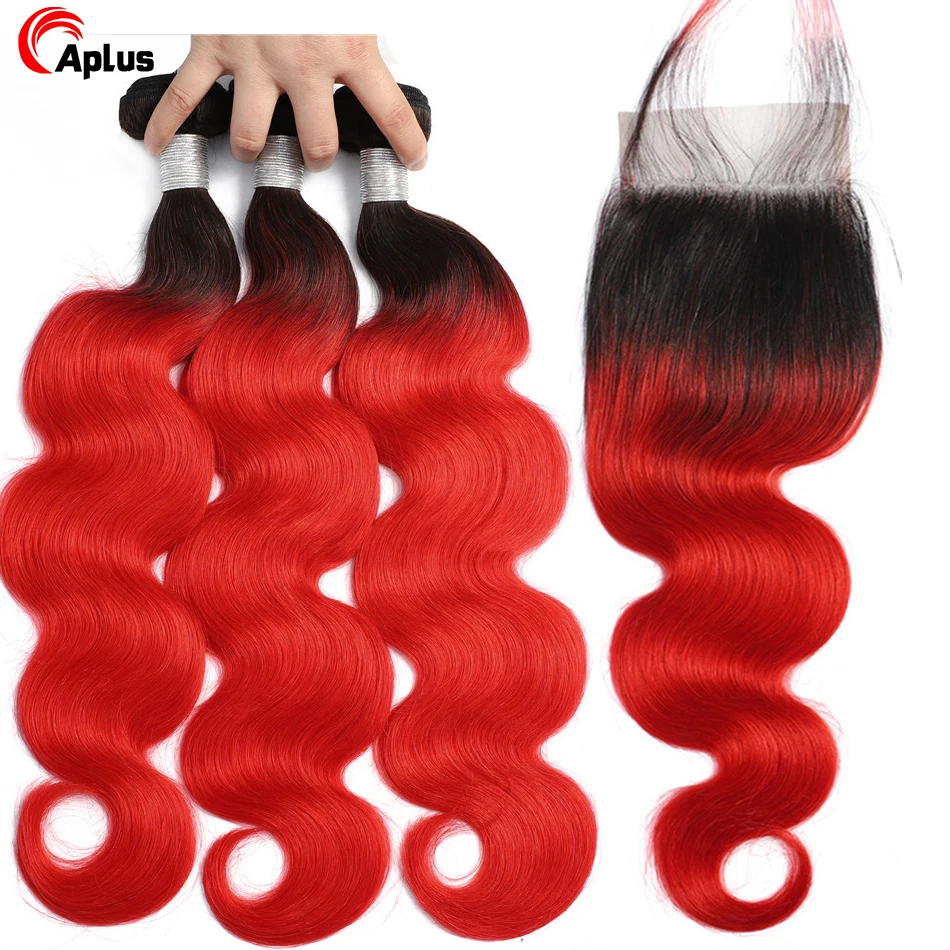 

Aplus 1B/ Red Closure With Baby Hair Ombre Peruvian Body Wave Hair 3 Bundles With Closure Remy Human Hair Bundles With Closure