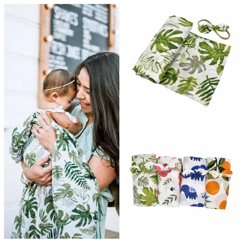 

Baby Swaddle Blanket Towel Newborn Receiving Blanket Headband Set Flower Print Infant Soft Stroller Bedding Wrap 100*110cm