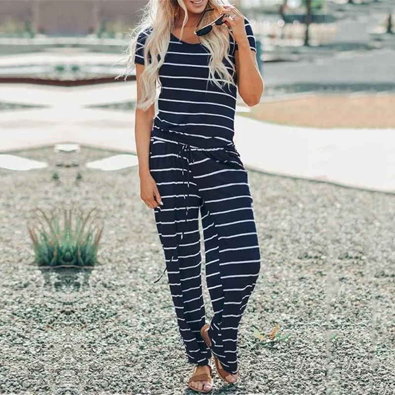 

2019 Summer Printing Stripe Jumpsuit Women Casual Loose Long Pants With Pockets Bandage Overalls Combinaison Femme Rz*