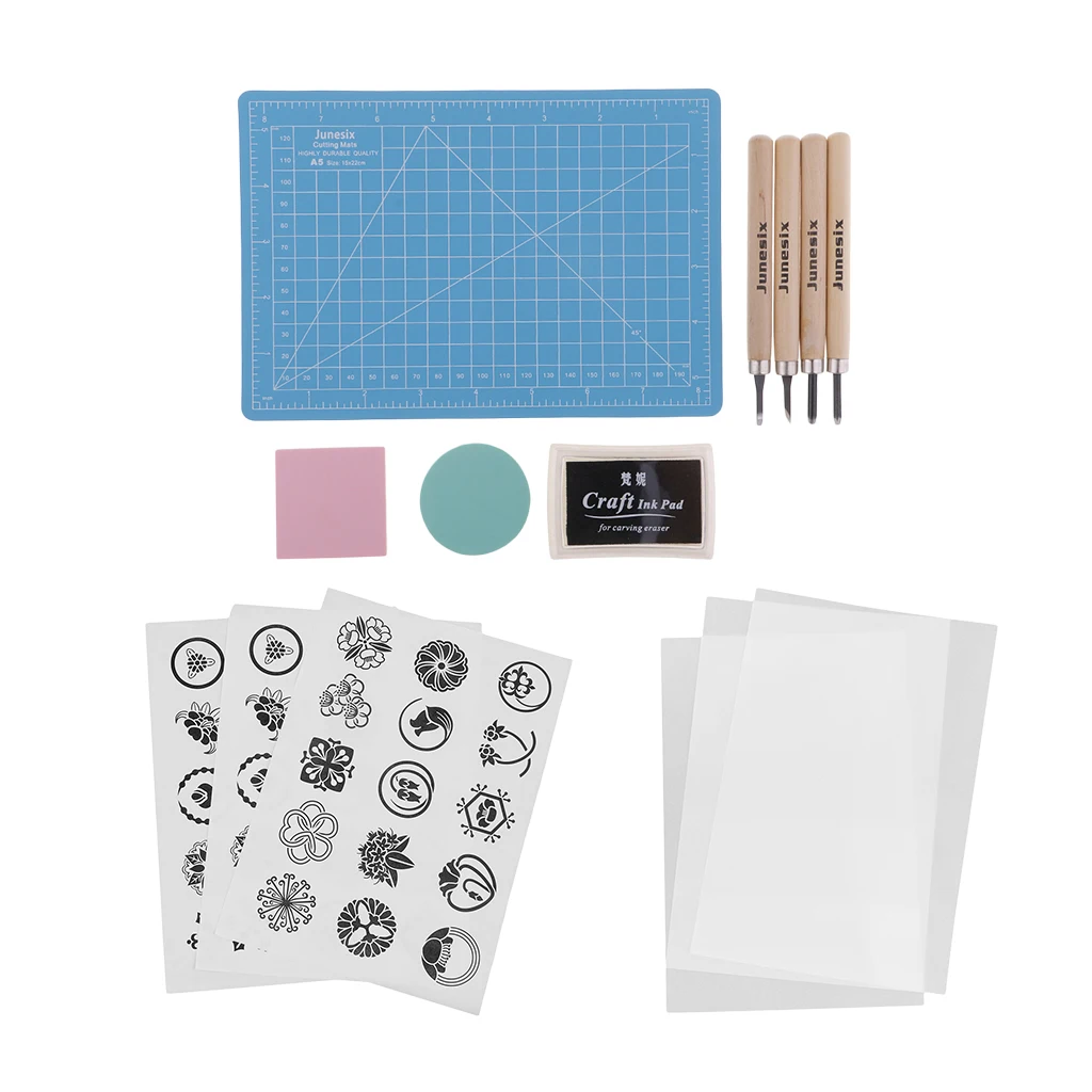 14 Pieces/Set Rubber Stamp Carving Block Kit DIY Crafts CHISELS CUTTING MAT INK PAD STAMPING TEMPLATE TRACING PAPER