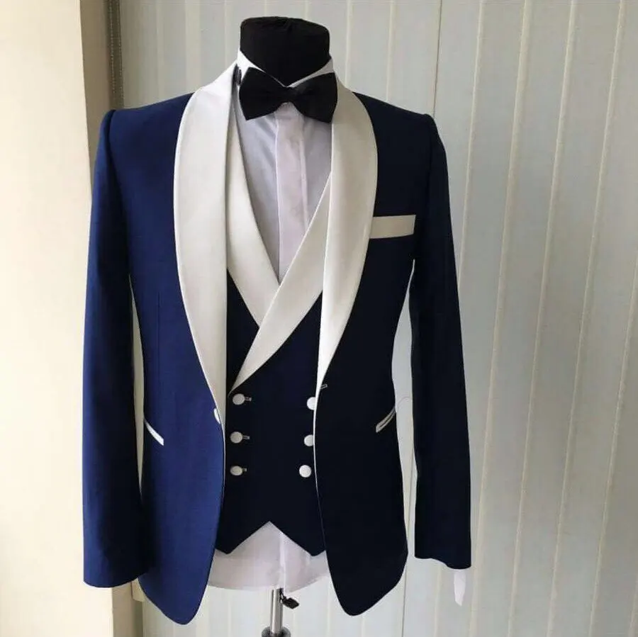 Custom Made Groomsmen Shawl White Lapel Groom Tuxedos Blue Men Suits Wedding Best Man Blazer Jacket