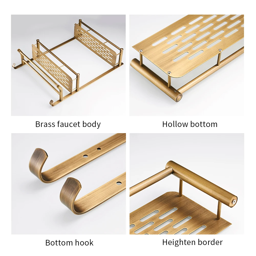 Полки для ванной комнаты, 2 уровня, античная латунь, полка для ванной, вешалка для полотенец, мыльница, шампунь, корзина для хранения, настенная душевая стойка, крючок 820