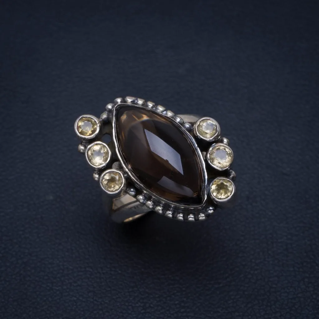 

Natural Smoky Quartz and Citrine Handmade Unique 925 Sterling Silver Ring 7.25 AU0031