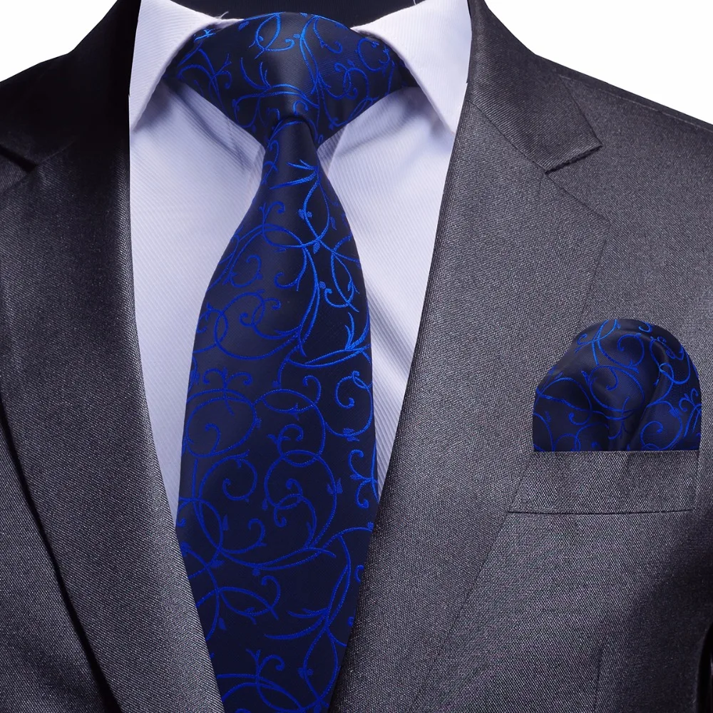 GUSLESON Quality Tie Set for Men Blue Floral Tie and Handkerchief Silver Necktie Man Corbatas Hombre Pocket Square Wedding