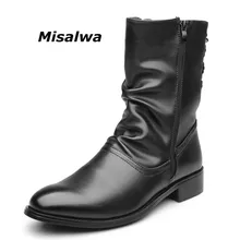 Misalwa/мужские повседневные ботинки в байкерском стиле на молнии; коллекция года; черные кожаные ботинки на плоской подошве, увеличивающие рост; с меховой подкладкой; huстin; водонепроницаемые ботинки; botas hombre