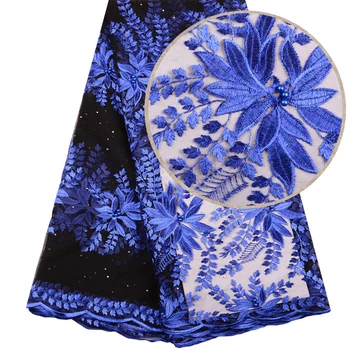 

Blue French Net Lace Fabric 2019 Latest African Guipure Lace Fabric With Embroidery Mesh Tulle Cord Stones Lace Fabric 1501