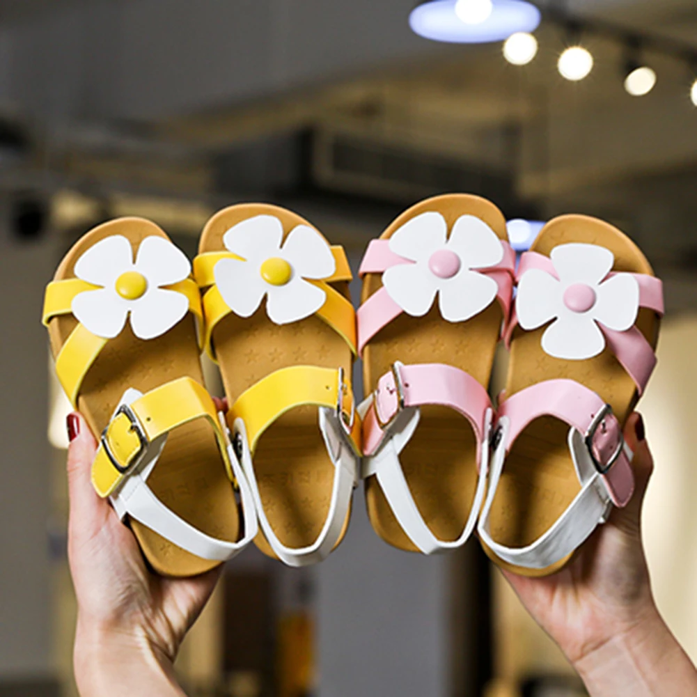 Нескользящая Летняя обувь с цветочным рисунком; сандалии в римском стиле из искусственной кожи для маленьких девочек; резиновые