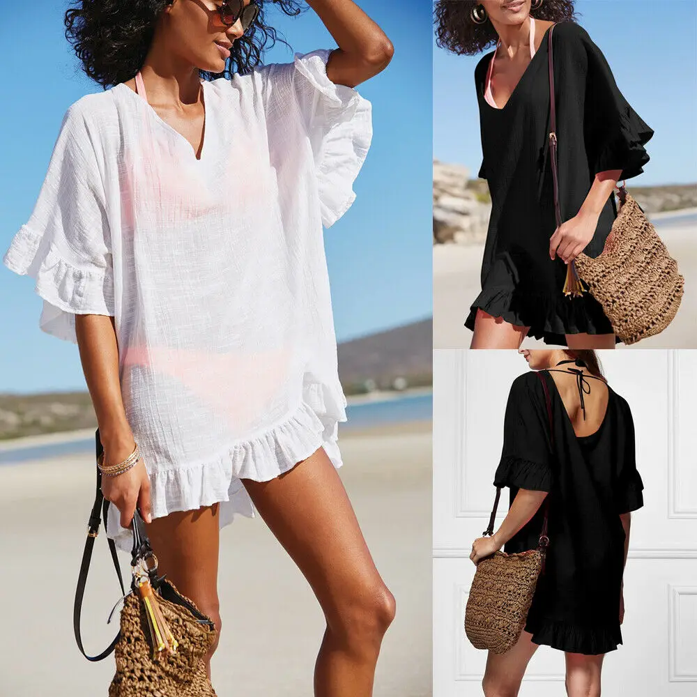 

New Style Women Cover-Ups Ruffles Summer Women V-Neck Bathing Suit Bikini Swimwear Cover Up Casual Beach Short Sleeve Hot 2019