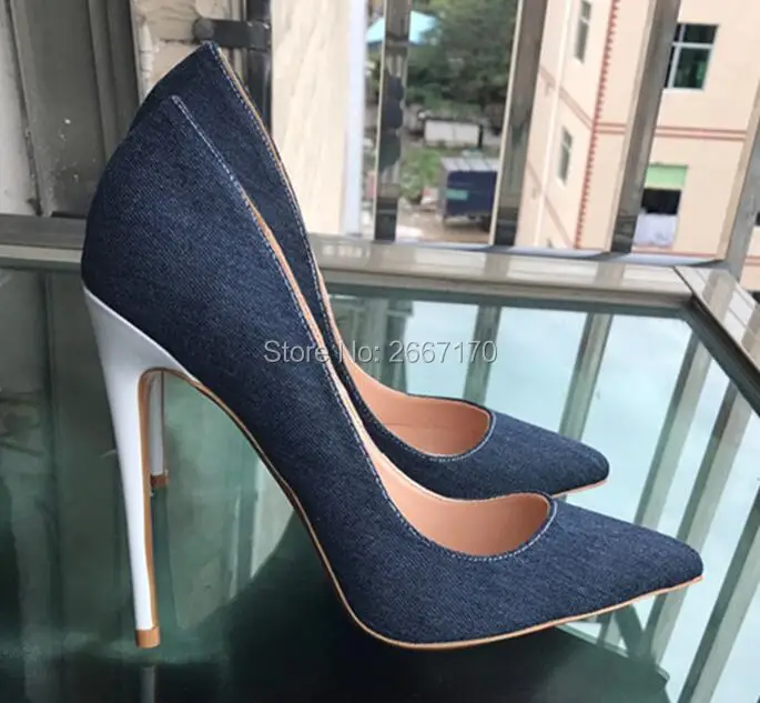 

Mode Shoes Women Denim High Heels Pointed Toe Shoes Jeans Leather Stilettos Slip-on Pumps office Lady Work Heels 120mm Top