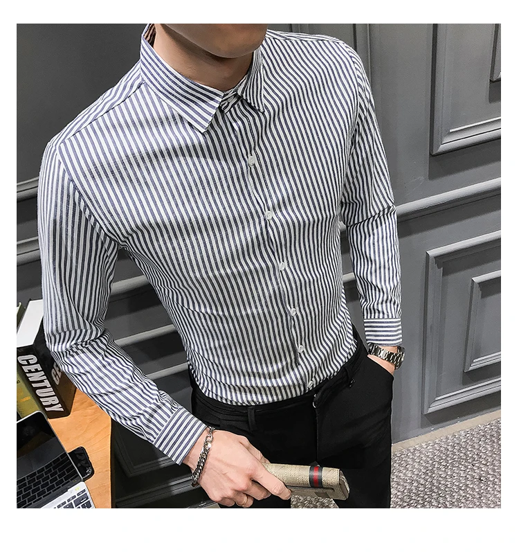 Мужская рубашка в полоску, блузка Homme Camisa Masculina, рубашка 5XL, мужская одежда 2019, осенняя мужская рубашка с длинными рукавами, облегающая