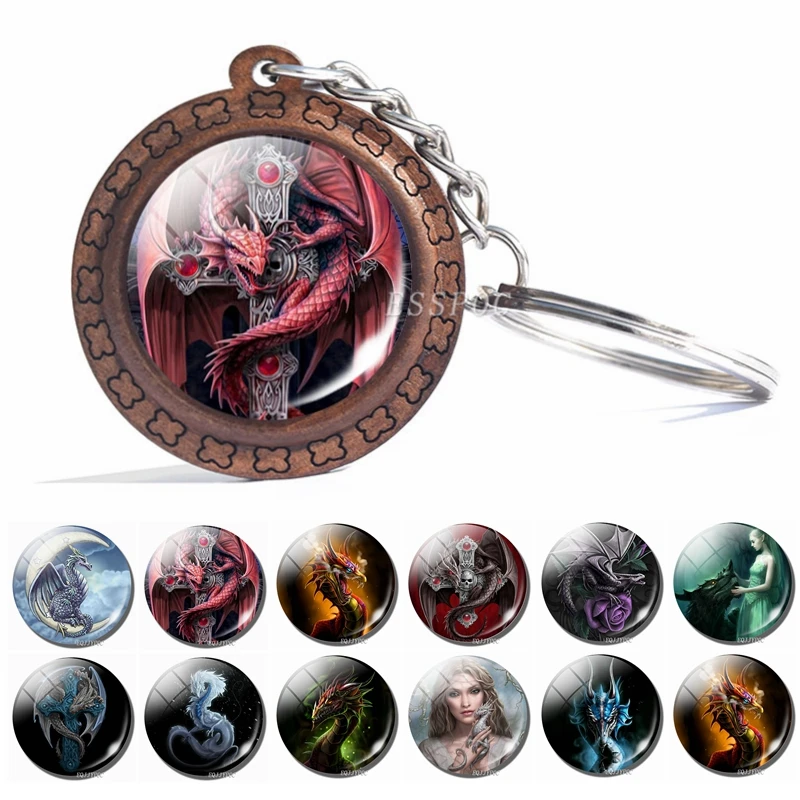 

Retro Wooden Key Chains Steampunk Dragon Photo Print Glass Cabochon Wood Keychain Fashion Wood Accessories Wolf Jewelry Gifts