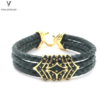 

Luxury Sterling Silver Jewelry Bracelet With Charming Micro Zircon Pave Setting Men Three Round Python Leather Cuff Bracelets