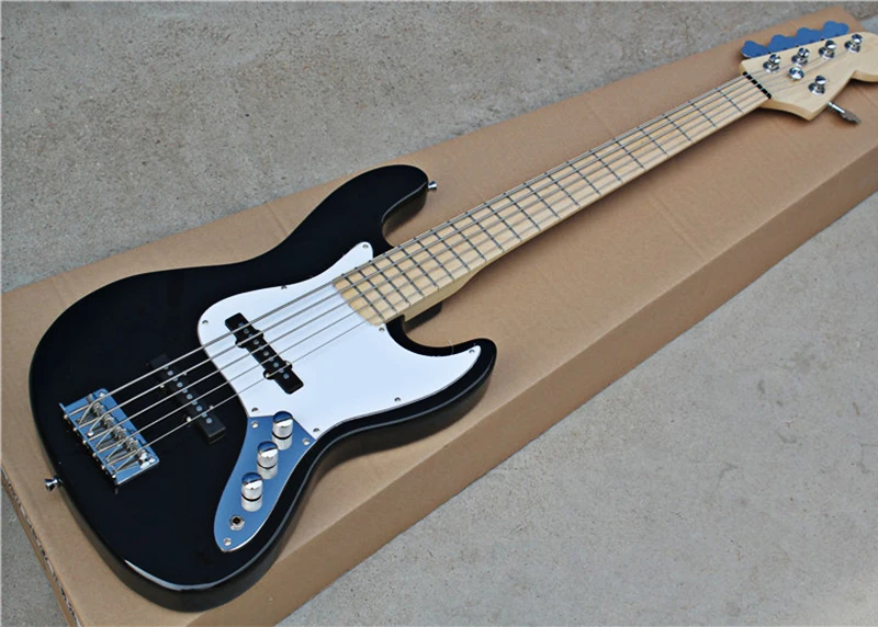 

5 Strings Black Electric Bass Guitar with White Pickguard,Maple Fingerboard,Chrome Hardwares,offering customized services