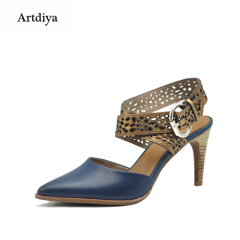 

Artdiya Original Summer New Retro Genuine Leather Sandals Stilettos High Heels Hollow Pointed Toe Handmade Shoes 153-17