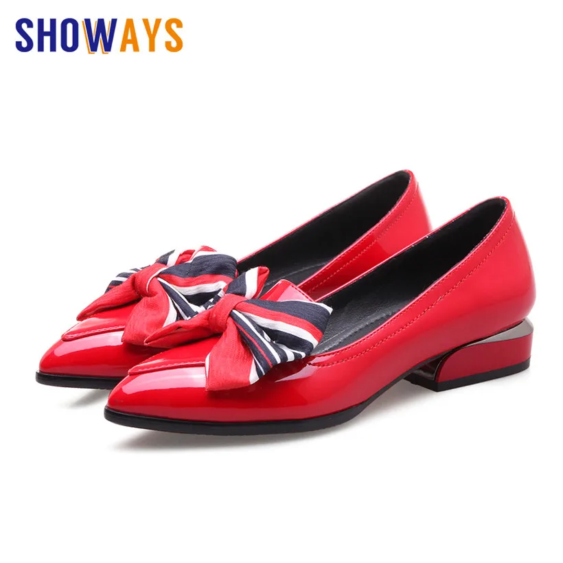 2019 British Women Bowtie Loafers Black Patent Leather Pointed Toe Flats Bowknot Fashion Casual Office Lady Slip-on Dress Shoes