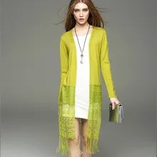 2016 New Autumn Fashion Women Tassel Long Cardigan Sweater Casual Lace Patchwork Knitted Cardigan Coat Women Clothing Mujer