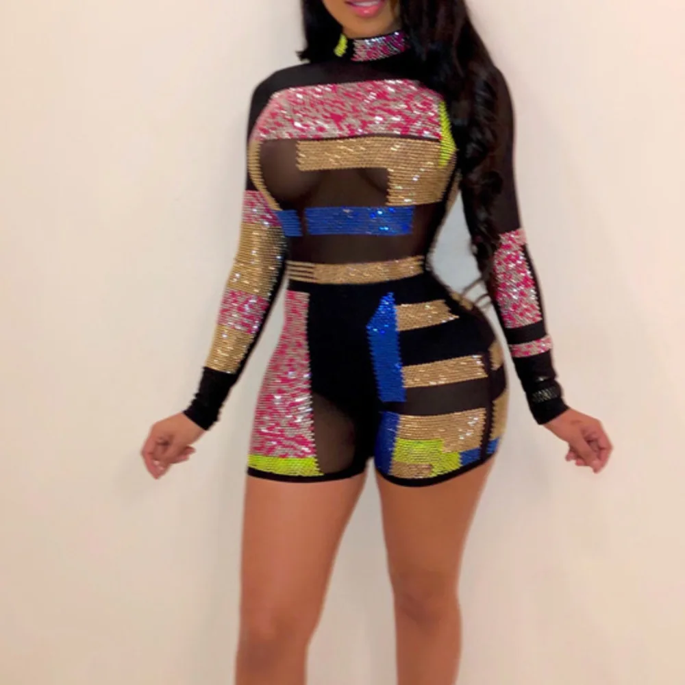 

Sexy Rhinestone Party Jumpsuit Shorts Playsuits Women Elegant Turtleneck Long Sleeve Mesh Sheer Club Rompers Vintage Overalls
