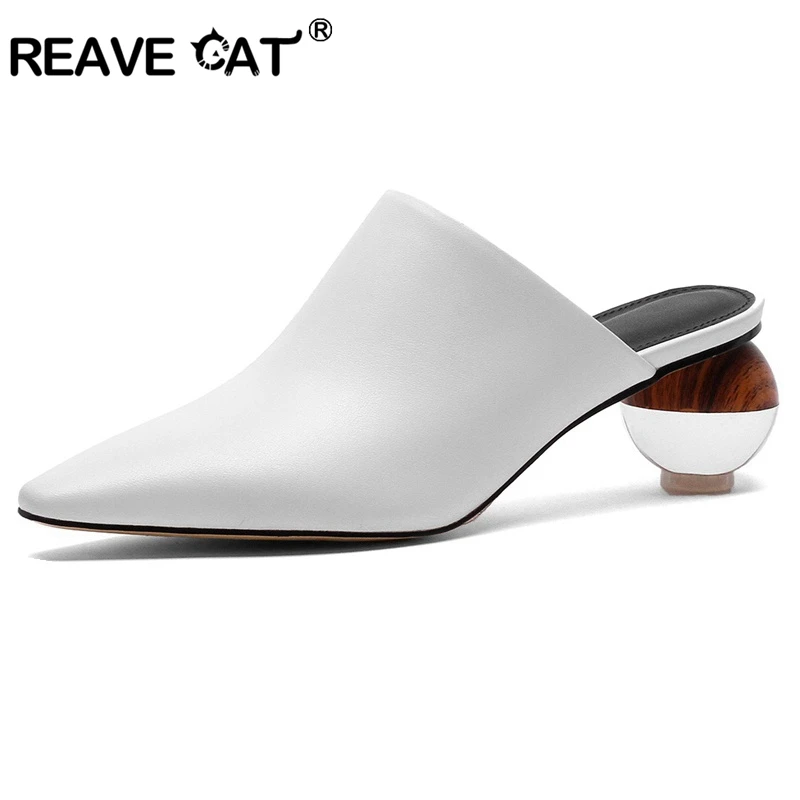 

REAVE CAT Women Slippers Genuine Leather Mules Pointed Toe Strange Round Clear Heels New Slides Party Shoes Big Size 43 A1678