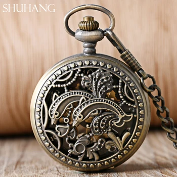 

Copper Bronze Dolphins Fish Men Vintage Hand Wind Pocket Watch Mechanical Number Hollow Design Pendant Necklace