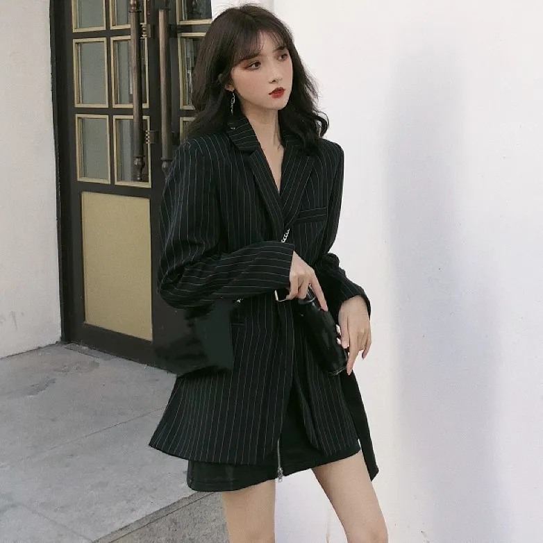 

New Arrival Women Striped Thin Long Blazers Spring Autumn Long Sleeve Sashes Loose Jacket