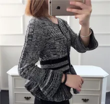 high quality women’s 100% wool striped sweater autumn fashion knitted short style cute flare sleeve grey cardigan jumper sweater