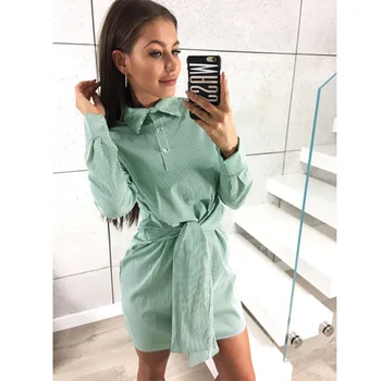 

New Women's Striped Blouse Dress Button Turn Down Collar Bandage Waist Slim Fit Dresses