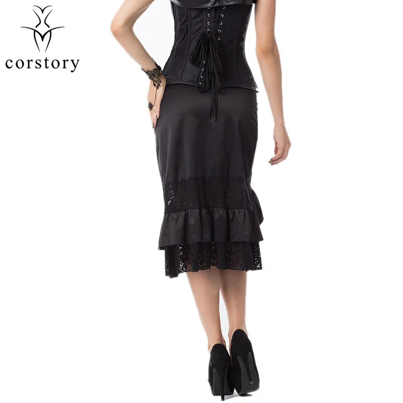 Corstory Black Satin& Кружево выдалбливают оборками Пряжка Готический юбка Бурлеск Для женщин Macthing Бюстье корсет стимпанк Юбки для женщин