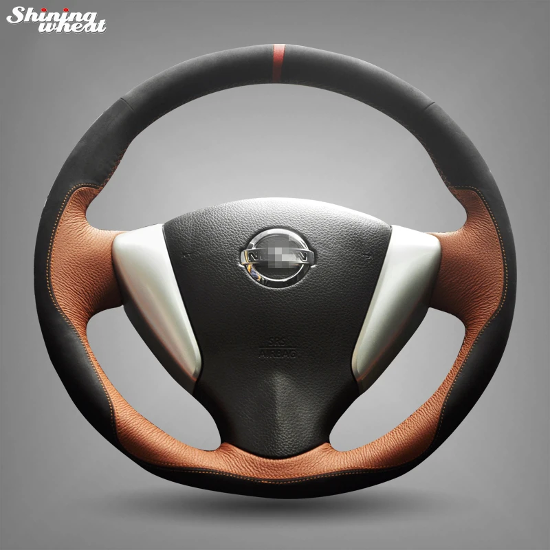 

Shining wheat Hand-stitched Black Suede Brown Leather Steering Wheel Cover for Nissan Tiida Sylphy Sentra 2014 Note