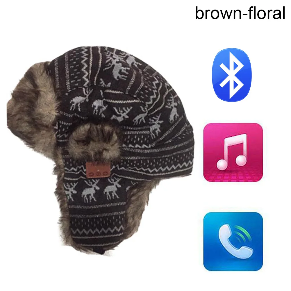 Мягкая зимняя теплая шапка-бомбер унисекс Беспроводная Bluetooth умная шапка гарнитура динамик микрофон шапка Новинка - Цвет: brown floral