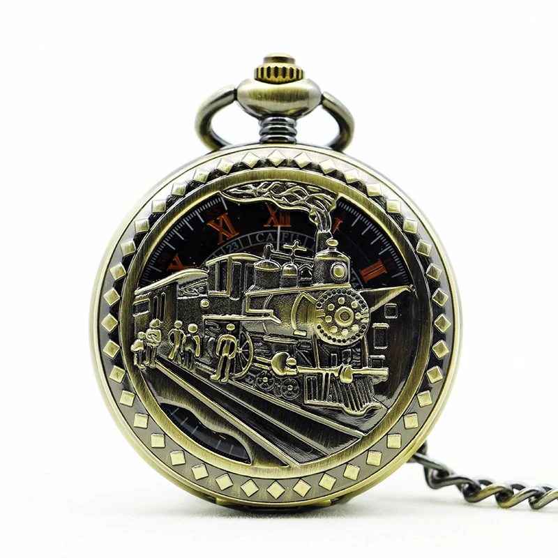 

Top Band Bronze Locomotive Engine Design Skeleton Roman Number Dial Hand-Wind Mechanical Pocket Watch with Fob Chain PJX1124