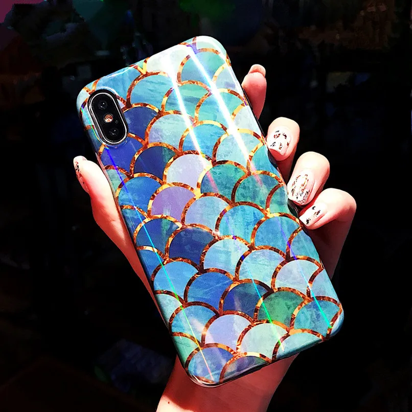 

3D Hologram Blu-Ray Fish Scale Gold Case for IPhone X XS 10 8 8P 7 Plus 6 S 6s Plus 7plus 8plus Holo Case Phone Shell Cases