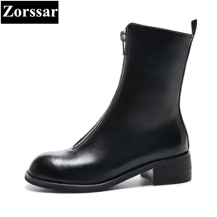 {zorssar} Botas Zapatos Otoño blanco Pantorrilla Invierno Moda Mujer Nueva Tacón Cuero rojo Media Cremallera Grueso 2018 Comodidad Negro Genuino De I6qRrI
