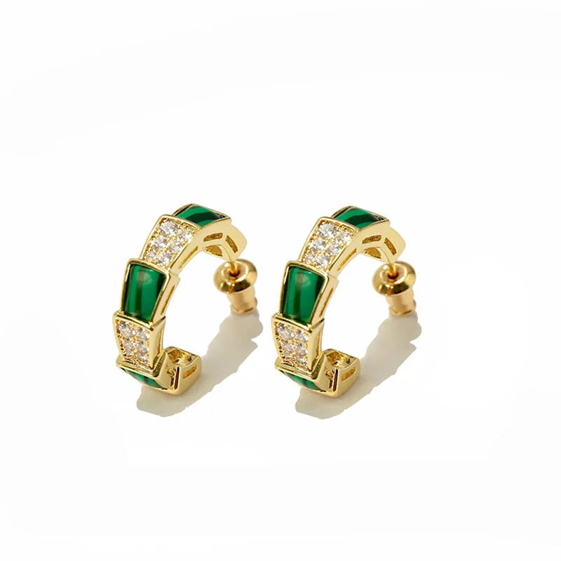 

Luxury Brand Earrings for Women Top Quality Gold color Copper Animal Stud Earring CZ Crystal Malachite green Snake Earrings