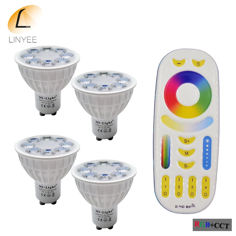 

AC 85V-265V 2.4G Wireless Milight Dimmable Led Bulb GU10 RGB+CCT Led Spotlight Smart Led Lamp+ LED Remote