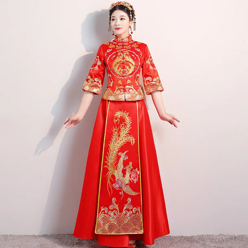 Красная невеста cheongsam Винтаж китайский стиль свадебное вечернее платье одежда с вышивкой Феникс Qipao костюм Vestidos Размеры S-XXL