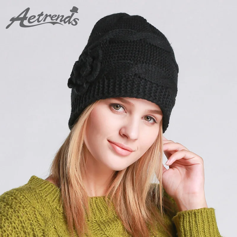 [AETRENDS] Winter Black Beanie Hats for Women Beanies with Flowers