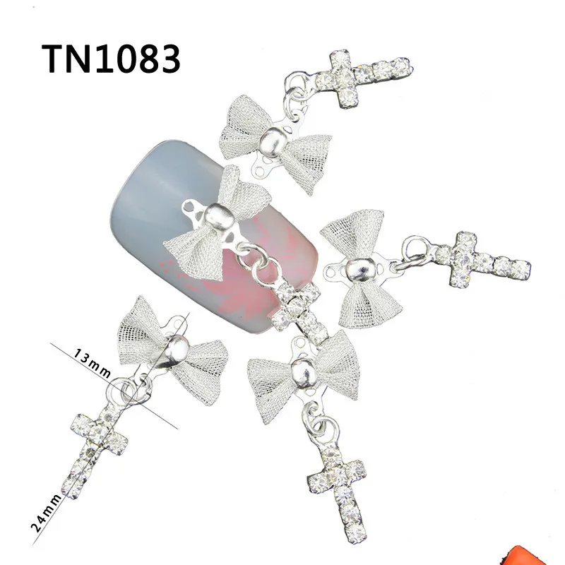 10 шт. Блестящий 3D бант с крестиком Подвески Стразы для дизайна ногтей гель для украшения лака DIY Сплав Шарм инструменты для ногтей TN1083