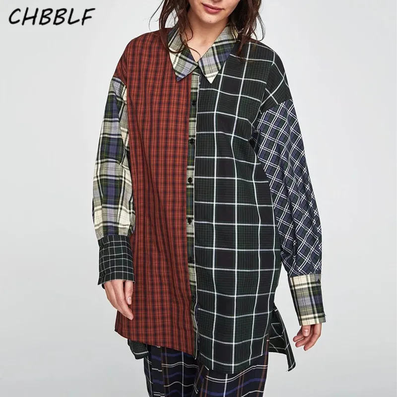 

women vintage plaid patchwork loose shirts long sleeve turn down collar blouses female chic tops blusas WDL5179