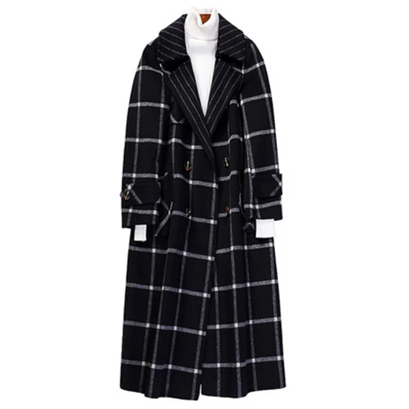 Wollen Jas Vrouwen 2019 Herfst Winter Dubbele Kasjmier Plaid Maxi Lange Overjas Vrouwelijke Double Breasted Trenchcoat Bovenkleding L459