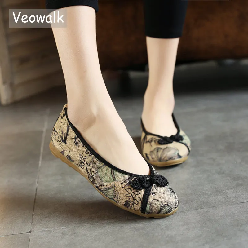 

Veowalk Chinese Knot Women Floral Printed Canvas Ballet Flats Retro Ladies Casual Slip-on Ballerinas Comfort Old Beijing Shoes