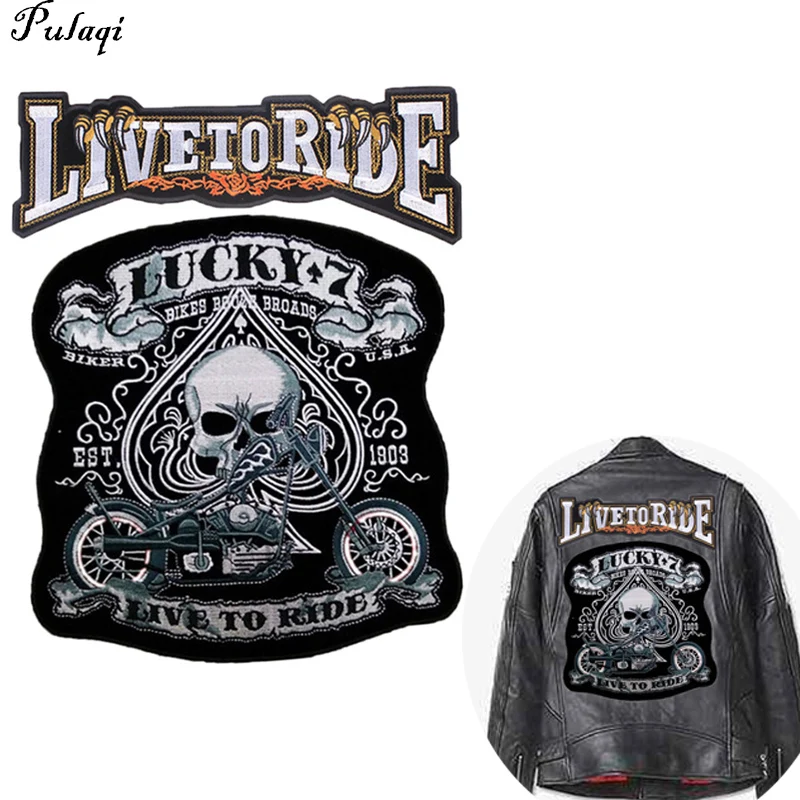 

Pulaqi Fine Motorcycle Embroidered Iron On Patches Large Punk Skull Badges Big Biker Patches For Clothing Coat Accessories F