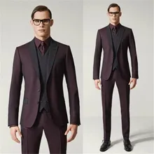 Бордовое пальто, мужские брюки, костюм для свадьбы, 3 предмета, выпускной, Masculino Trajes De Hombre, пиджак для жениха(пиджак+ брюки+ жилет+ галстук) 174