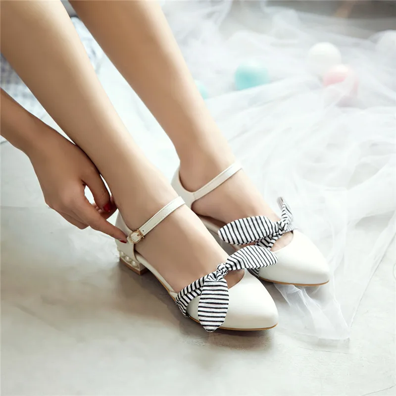 

YMECHIC White Pink Beige Sweet Bowtie Mary Jane Low Heel Shoes Woman String Bead Buckle Lady's Girls Party Casual Shoes Summer