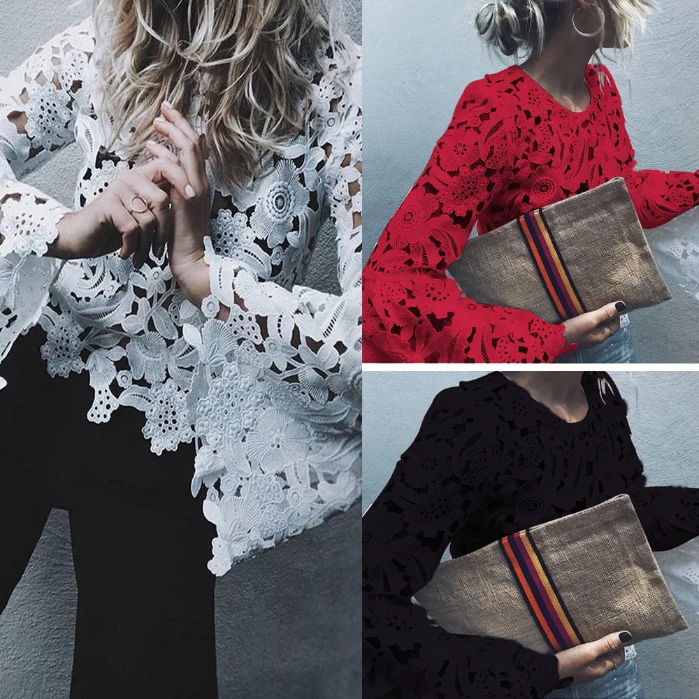 

Sale Europe autumn hot sale hollow out hole o-neck sexy woman shirts solid lace sexy sheath comfortable female shirts