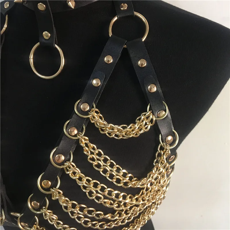 Faux Leather Crop Top With Rivet Choker Goth Punk Women Hollow Out Link Chains Tank Tops Sexy Festival Rave Top Club Party Camis