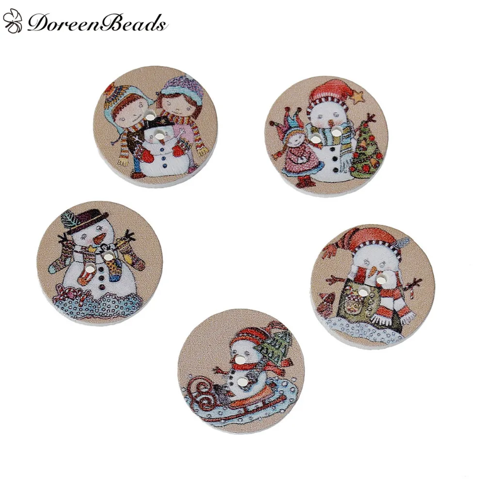 

DoreenBeads Wood Sewing Buttons Scrapbooking 2 Holes Round At Random Christmas Snowman Pattern 25mm(1") Dia, 10 PCs