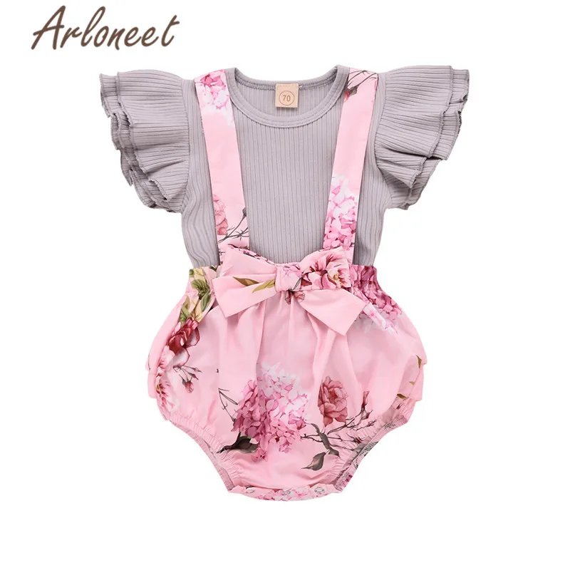 

ARLONEET Clothes Baby clothing for girl Ruffle Top solid shorts Floral print Bow suspender shorts 2pcs 2019 girls summer outfits