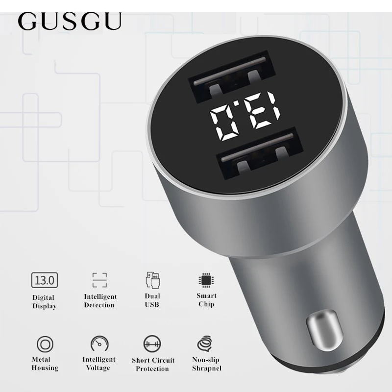 GUSGU المزدوج USB شاحن سيارة مع الصمام العرض الرقمي ، المعادن شاحن سيارة للهاتف المحمول 3.1A USB سيارة-شاحن محول ل فون